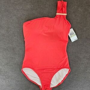 Michael Kors Red with gold Logo Bar One Shoulder One Piece Swimsuit Size 8